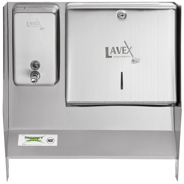 A silver metal Regency paper towel and soap dispenser for a hand sink.