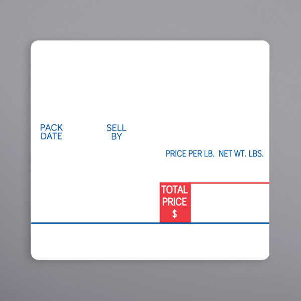 A white rectangular package with a white square label with blue and red text.