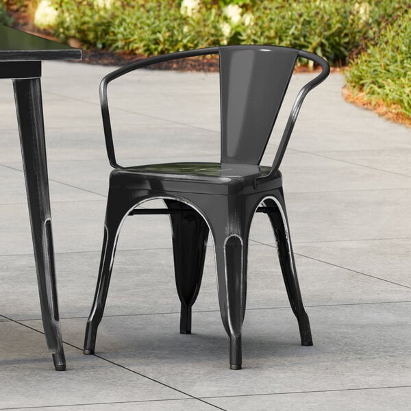 Lancaster Table & Seating Alloy Series Distressed Onyx Black Outdoor Arm Chair