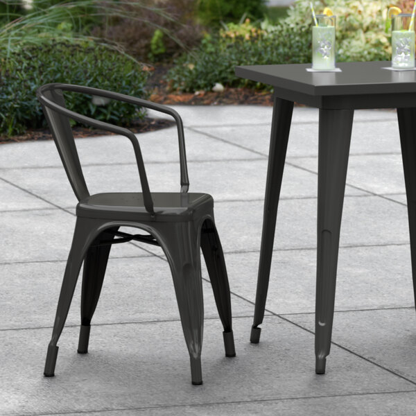 Lancaster Table & Seating Alloy Series Black Metal Indoor / Outdoor Industrial Cafe Arm Chair
