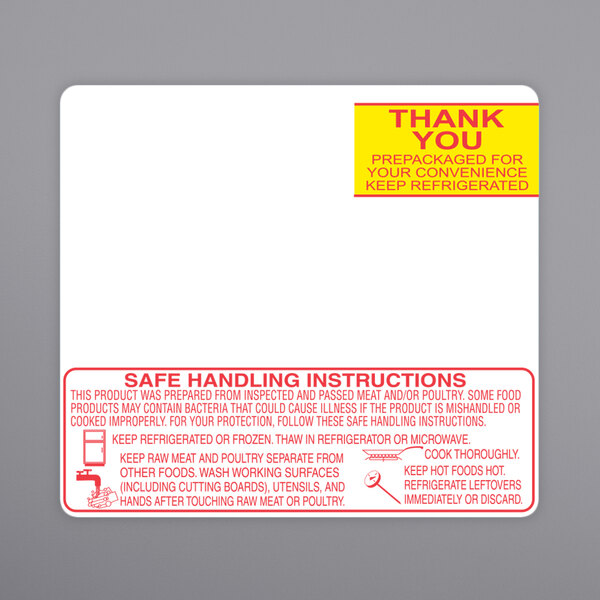 A white rectangular safe handling label with red text.