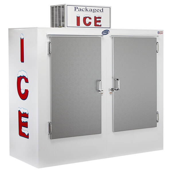 A white Leer ice merchandiser with two galvanized steel doors.