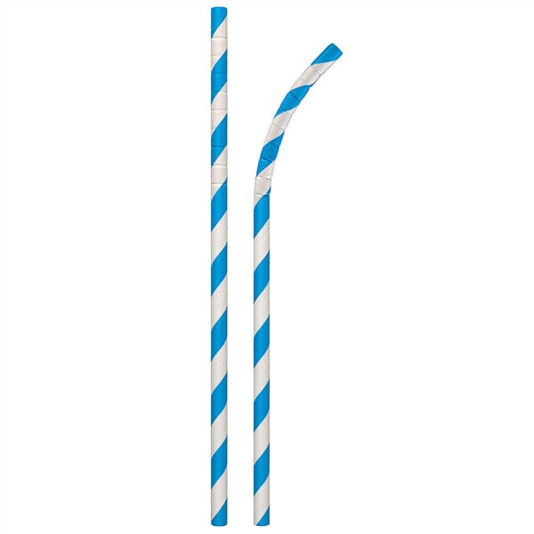 A blue and white striped Aardvark paper straw.