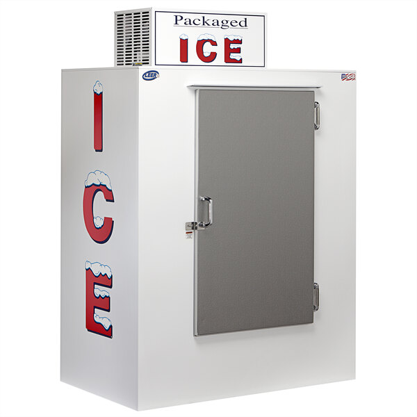 A white box with a galvanized steel door and the word "ice" on it.