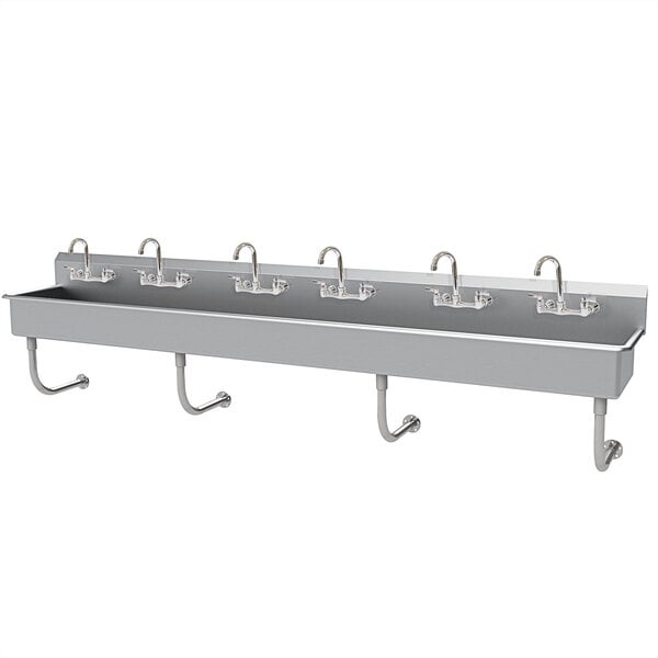 An Advance Tabco stainless steel wall-mounted hand sink with 6 faucets.