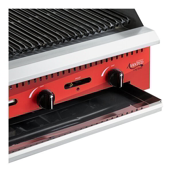 An Avantco gas countertop charbroiler with two radiant burners.