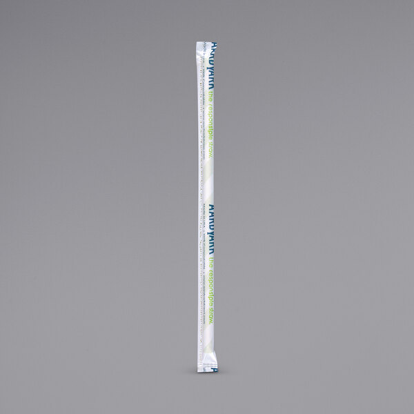 A white paper straw wrapper with green and blue text.