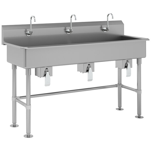 Advance Tabco FC-FM-60KV 16-Gauge Multi-Station Hand Sink with 8" Deep Bowl and 3 Knee Valve Faucets - 60" x 19 1/2"