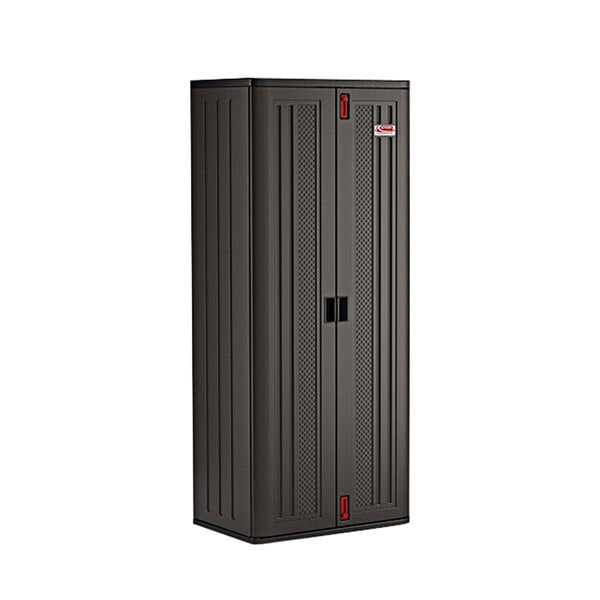 A dark gray Suncast heavy-duty tall storage cabinet with two doors and red handles.