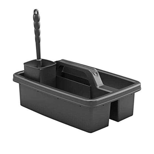 A black plastic container with a handle and a brush.