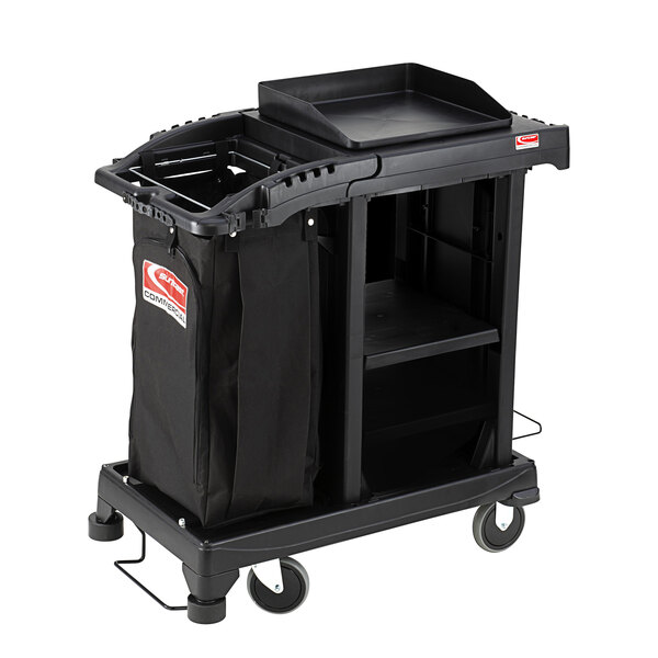 A Suncast black housekeeping cart with a black bag on it.