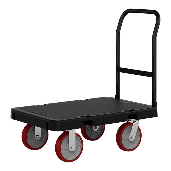 A black and red Suncast platform truck with wheels.