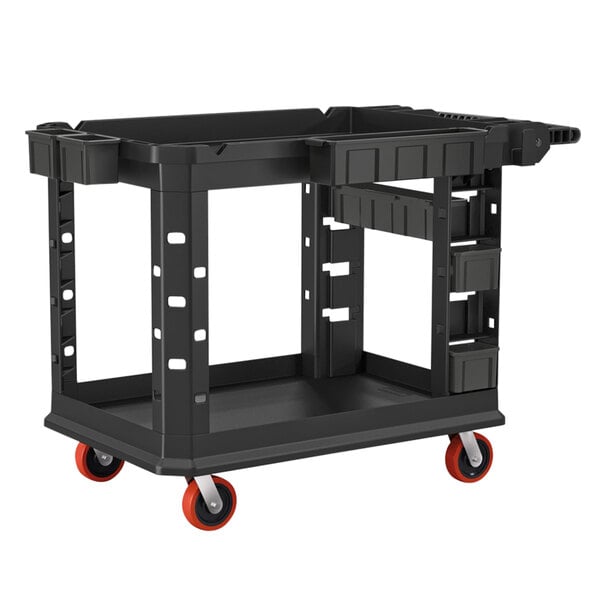 A black Suncast utility cart with red wheels.