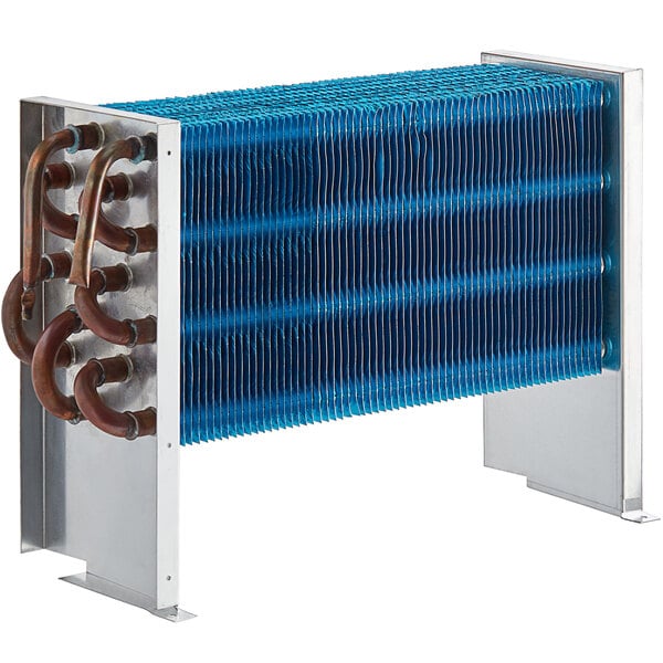 A close-up of a blue and silver Avantco evaporator coil.