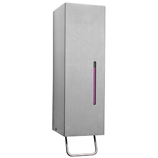 A stainless steel rectangular soap dispenser with a black border and purple liquid inside.