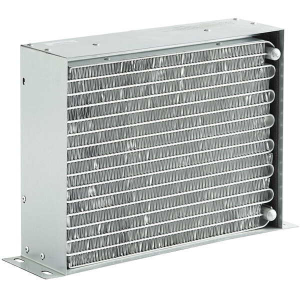 An Avantco condenser coil for commercial refrigeration. A metal box with a metal coil inside.