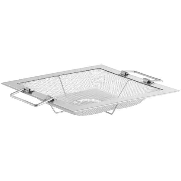 A white square 11" metal mesh strainer with handles.