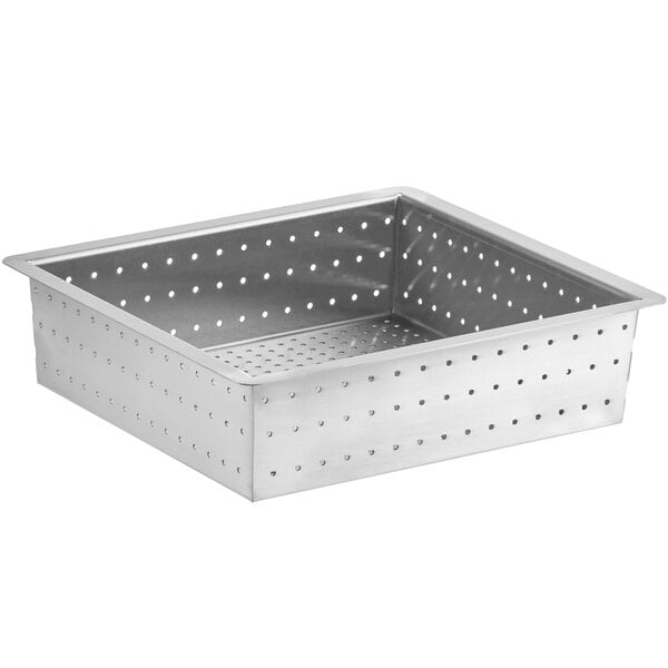 A stainless steel square floor drain strainer with holes.