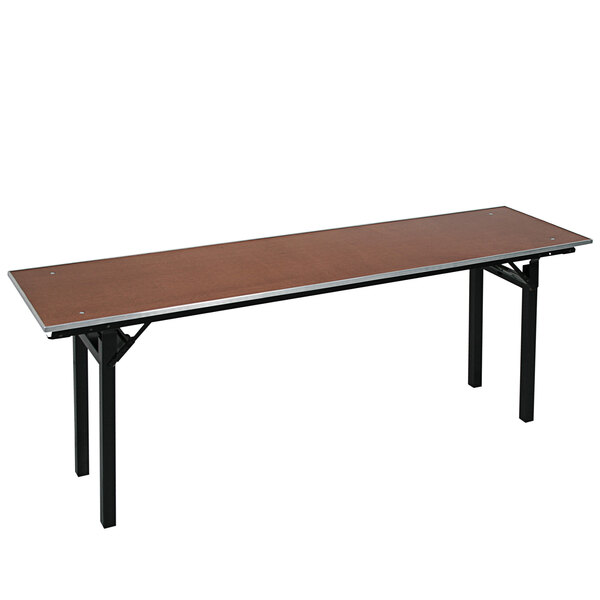 A brown rectangular Resilient seminar table with black metal legs.