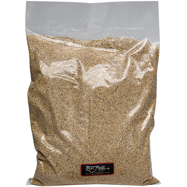 A bag of brown grain with white text.