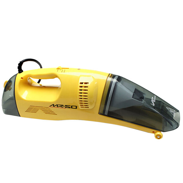 A yellow and black Vapamore handheld wet/dry steam vacuum.