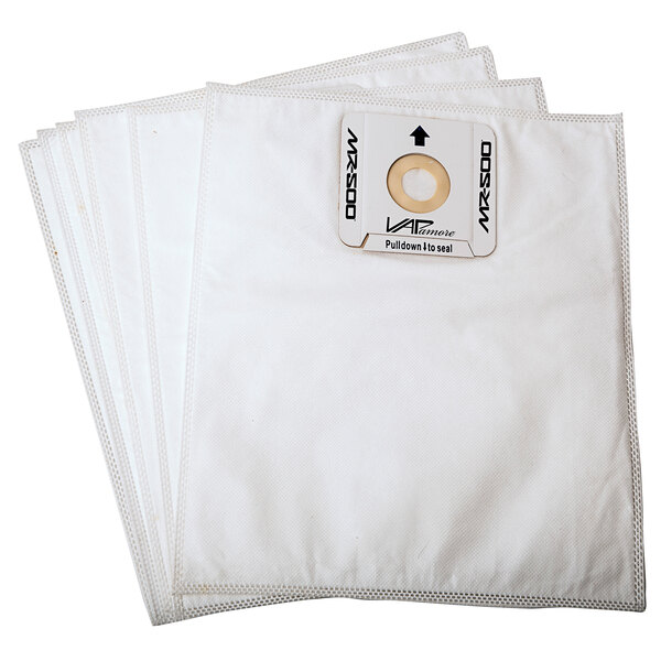 A stack of white cloth bags with a white disk with black text in the middle.
