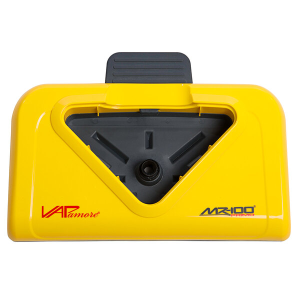 A yellow plastic device with a black handle.