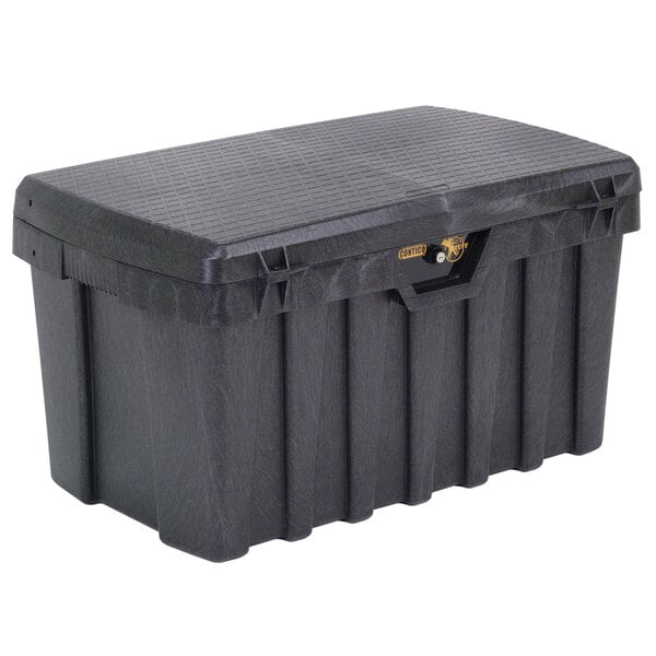 A black plastic Contico tool box with a lid and lock.