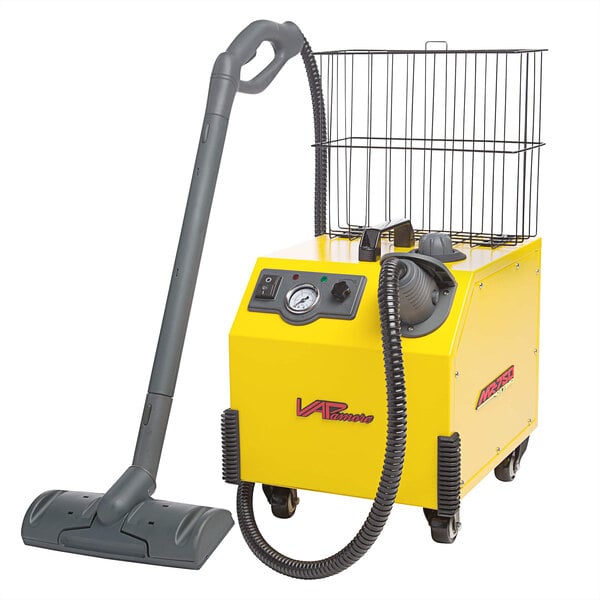 A yellow Vapamore MR-750 Ottimo heavy-duty steam cleaner with a black hose.