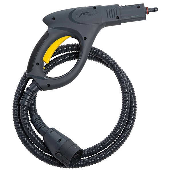 A Vapamore MR-100 Primo steam gun and hose with a yellow handle.