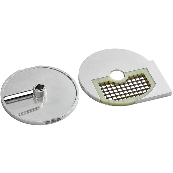 An AvaMix metal dicing and slicing disc kit with a circular metal object with a hole in the middle.