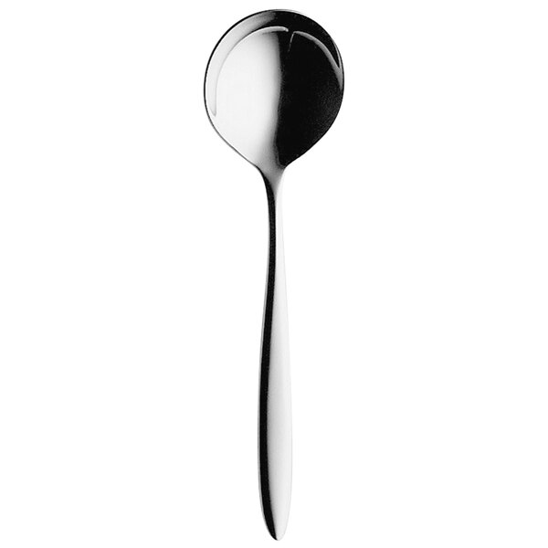 A Hepp by Bauscher stainless steel bouillon spoon with a black handle.