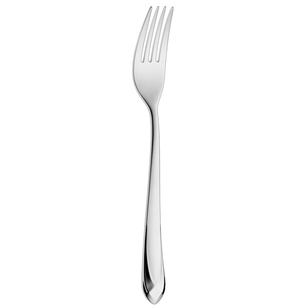 A close-up of a WMF by BauscherHepp stainless steel dessert fork with a white handle.