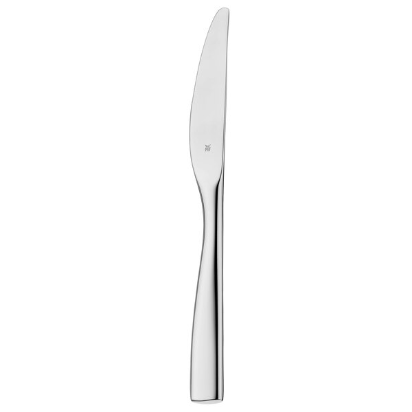 A silver WMF by BauscherHepp stainless steel table knife with a white handle.