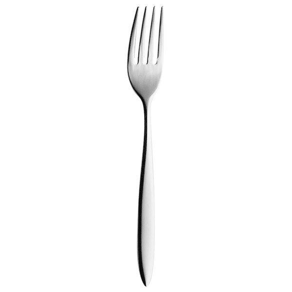 A close-up of a Hepp by Bauscher stainless steel dessert fork.