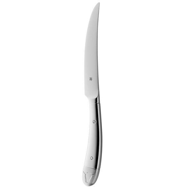 A WMF stainless steel steak knife with a silver bull's head handle.