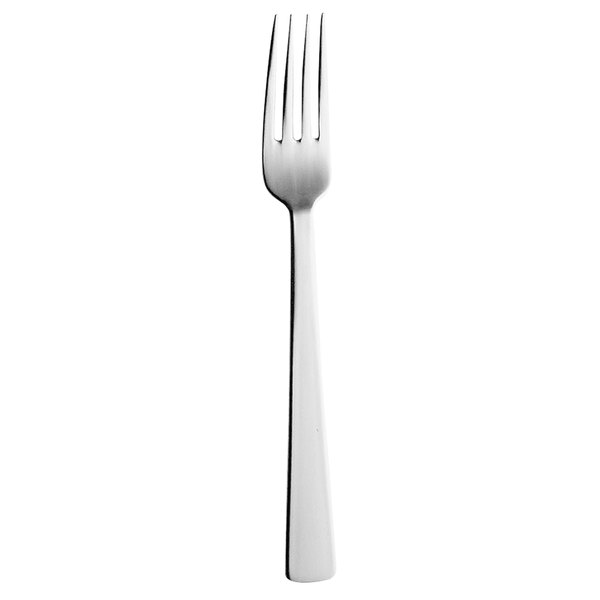 A close-up of a Hepp by Bauscher stainless steel table fork with a white handle.