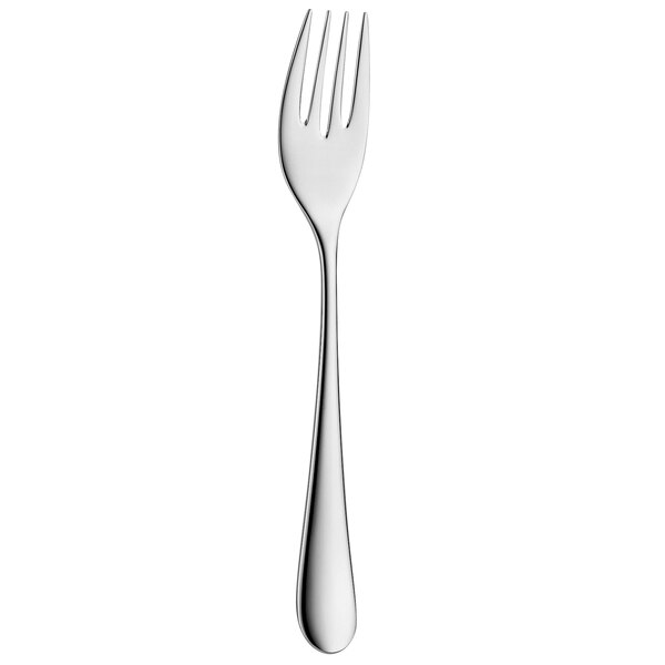 A WMF by BauscherHepp stainless steel fish fork with a silver handle on a white background.