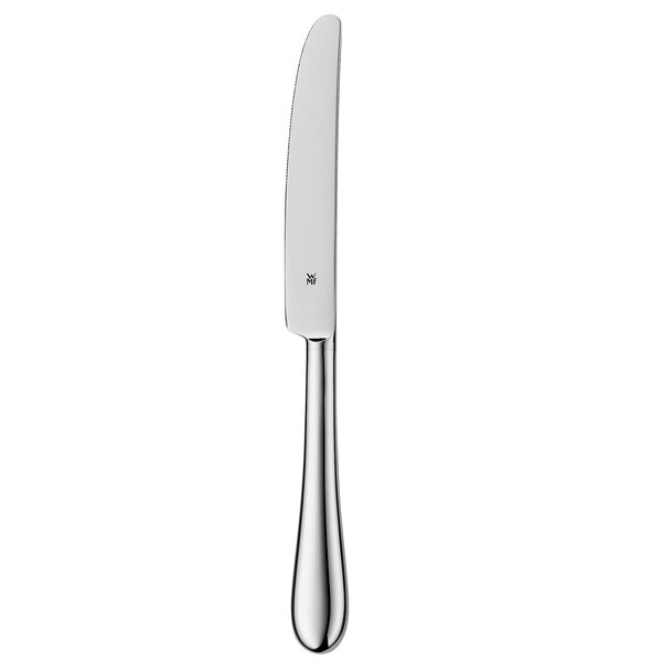 A WMF by BauscherHepp stainless steel dessert knife with a silver handle.