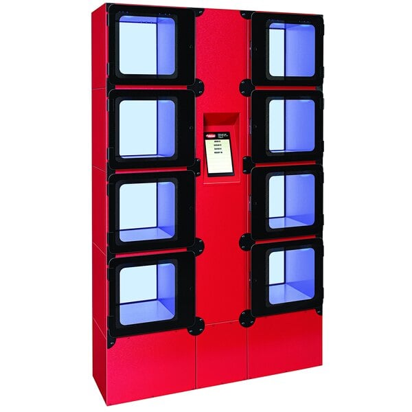 A red and black Hatco Flav-R 2-Go heated pickup locker system.