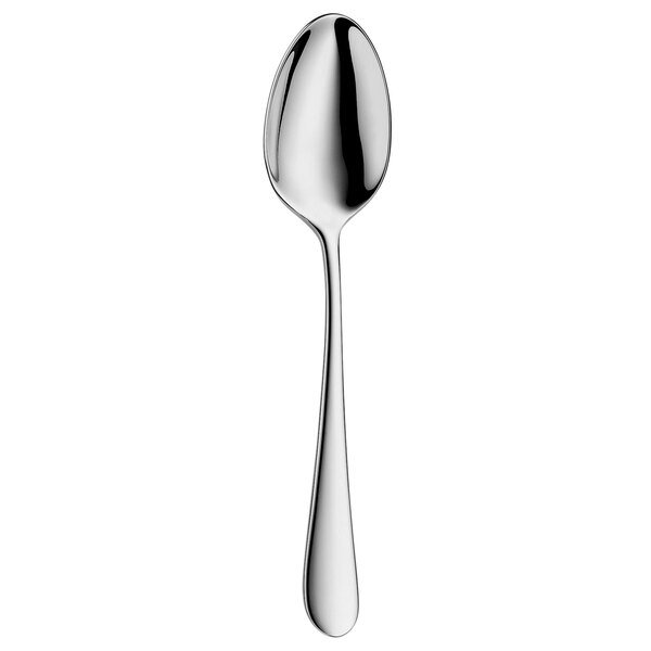 A WMF by BauscherHepp stainless steel dessert spoon with a curved handle.