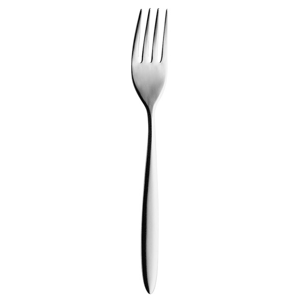 A close-up of a Hepp by Bauscher stainless steel table fork.