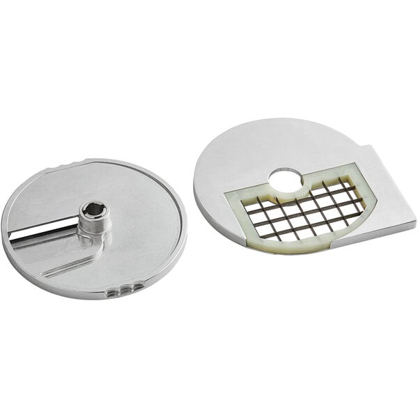 AvaMix 25/32" Dicing Grid and 3/8" Slicing Disc Kit with circular metal objects and holes in the middle.