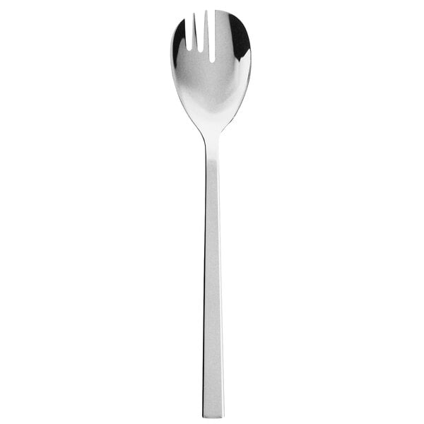 A stainless steel Hepp Profile combination spoon-fork with a silver handle and a small hole.