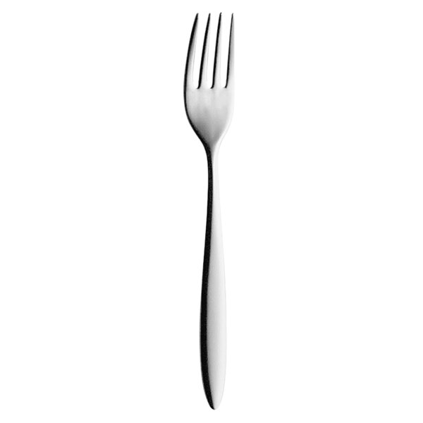 A close-up of a Hepp by Bauscher stainless steel cake fork.