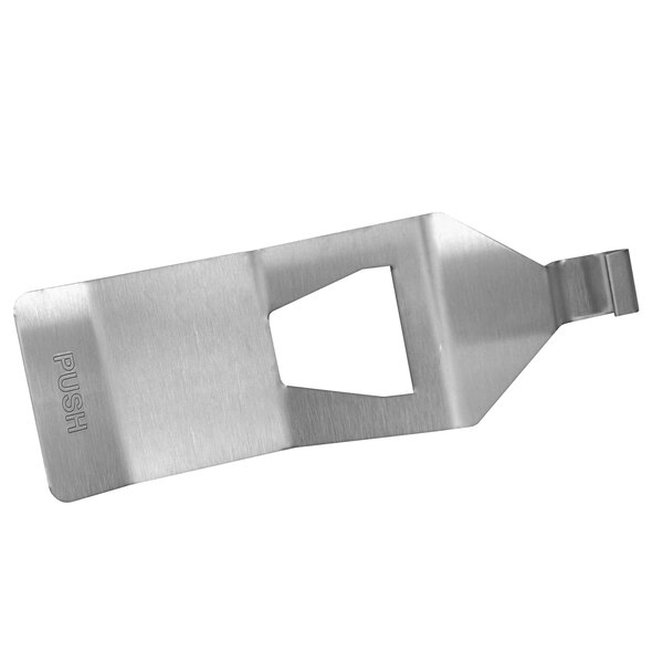 A metal FMP beverage dispenser faucet cover with a handle and hole.