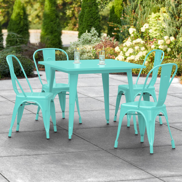 Lancaster Table & Seating Alloy Series 36" x 36" Seafoam Dining Height Outdoor Table with 4 Industrial Cafe Chairs