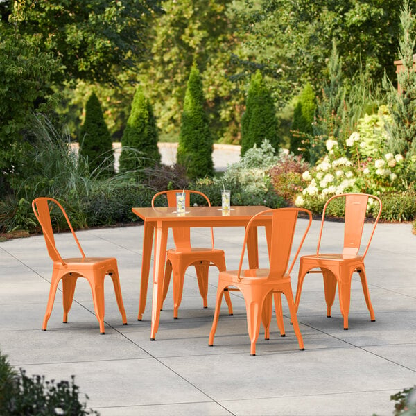 Lancaster Table & Seating Alloy Series 35 1/2" x 35 1/2" Amber Orange Standard Height Outdoor Table with 4 Cafe Chairs