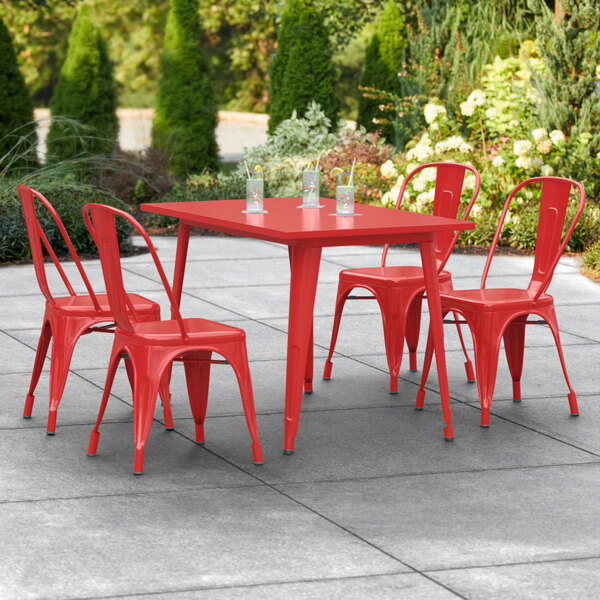 Lancaster Table & Seating Alloy Series 48" x 30" Red Dining Height Outdoor Table with 4 Industrial Cafe Chairs