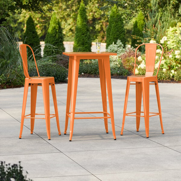 Lancaster Table & Seating Alloy Series 23 1/2" x 23 1/2" Orange Bar Height Outdoor Table with 2 Cafe Barstools